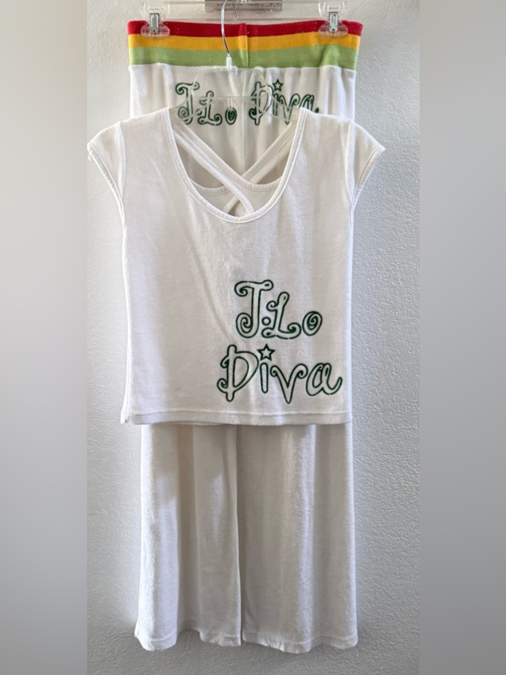 Jennifer Lopez White 'J.Lo Diva' Boot Cut Jumpsuit with Rainbow Waistband